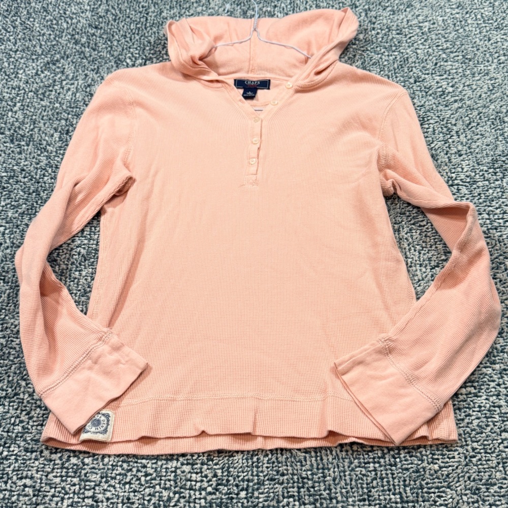Chaps Denim Women Large Peach Pink Waffle Knit Henley Hoodie Thermal Long Sleeve